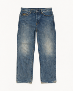 Jean en denim bleu indigo délavé coupe droite décontractée pour homme, finition délavée, logo personnalisé, marque privée, pantalon en denim streetwear - Product Image 2