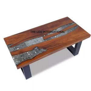 Elegant Solid Wood <b>Coffee</b> <b>Table</b> with Metal Legs Sky Blue Resin Top Farmhouse & Hotel Style Home Furniture - Product Image 5