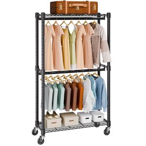 Appendiabiti Doppio Robusto con Ruote e Ripiani Inferiori e Superiori per Stoccaggio, Design Moderno - Product Image 1