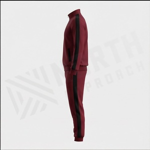 Men's <b>Maroon</b> Tracksuit Full Zip Stand Collar Solid Color Casual Sportswear With Side Pockets Polyester Cotton Blend Autumn Wear - Product Image 3
