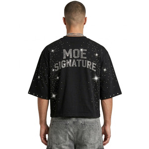 Camisas de hombre vintage de algodón de 240 GSM con estampado de diamantes de imitación personalizado por transferencia térmica, diseño holgado con hombros caídos, etiquetas tejidas. - Product Image 2