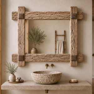Rustic Reclaimed Solid Wood Wall <b>Mirror</b> Rough Bark Textured Beam Frame Metal Stud Corner Accent Bathroom Vanity Decor Artwork HD - Product Image 1