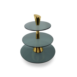 Support à gâteau en verre vert à trois niveaux avec base en métal doré, pour la présentation de gâteaux et de desserts, pour la décoration de la maison et des hôtels, au prix le plus bas - Product Image 1