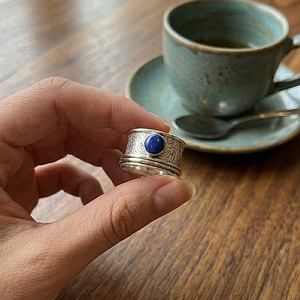 925 Sterling <b>Silver</b> Brass Spinner <b>Ring</b> Natural Lapis Lazuli Gemstone Floral Scroll Band Meditation Anxiety Handmade <b>Ring</b> <b>men</b> Her - Product Image 3