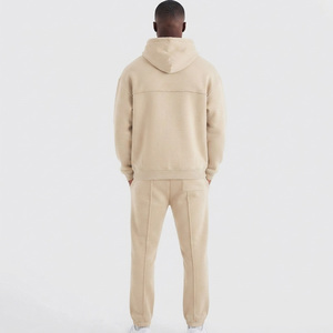 Ensemble de survêtement beige à capuche pour homme, manches longues, couleur unie, style décontracté vintage, 100 % coton, logo sur le devant, poches latérales, coupe classique, hiver - Product Image 4