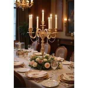 เชิงเทียนทองคำสำหรับงานแต่งงานแบบขายส่ง 5 แขน ทำจากโลหะ ตกแต่งโต๊ะหรูหราสำหรับงานอีเว้นท์ - Product Image 6