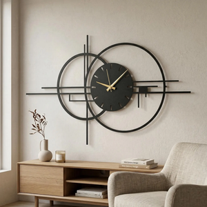 Horloge murale géométrique en métal |   Panneau en acier circulaire abstrait |   Pièce de luxe de style moderne du milieu du siècle |   Grand Horloge Silencieuse Noire - Product Image 5