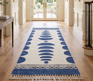 Blue White Rectangle <b>Runner</b> <b>Rug</b> Geometric Design Hand Woven Cotton Eco-Friendly Pet Friendly Customizable Size Boho 3x10 - Product Image 4