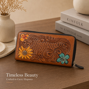 Hand Tooled Genuine Leather Women's Zip Around <b>Wallet</b> Handmade Floral Woven <b>Long</b> <b>Wallet</b> Vintage Western RFID Travel Cash <b>Wallet</b> - Product Image 3