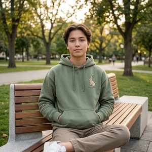 Sudadera con Capucha Personalizada con Gráfico de Conejo Verde Salvia, Sudadera Informal para Hombre, Sudadera con Capucha con Estampado Animal, OEM, ODM, Venta al por Mayor - Product Image 5