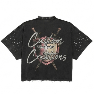 Custom Premium Heavyweight Vintage Wash 100% Cotton Print Tee <b>Grommet</b> Neckline Rhinestone Embellishments Boxy Fit OEM Streetwear - Product Image 2