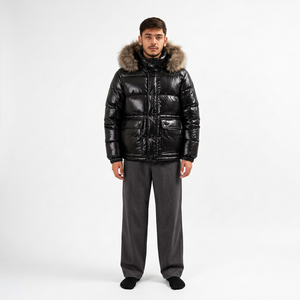 Chaqueta de plumón para hombre con capucha, transpirable, de forro polar, negra, rellena de plumón, abrigo informal de invierno, holgada, de color liso, con cremallera frontal y ribete de piel. - Product Image 1