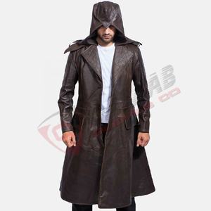 Stand-Collar hombres moda Collar y hombres cuero de vaca marrón genuino hecho a mano-abrigos largos con capucha - Product Image 1