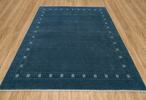 Alfombra Gabbeh Azul Grisácea con Borde Tribal Blanco, Alfombra de Lana Hecha a Mano, Alfombra Grande para Piso, Decoración Acogedora para el Hogar - Product Image 6