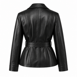 Blouson en cuir de mouton pour femme, court, ceinturé, à revers, vêtement d'extérieur d'automne - Product Image 3