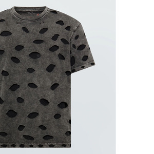 Vintage Hollow Knitted Oversized Solid Anti-Wrinkle <b>T</b>-Shirt Ripped Men Crewneck Short Sleeve Distressed 100% Cotton Summer - Product Image 3