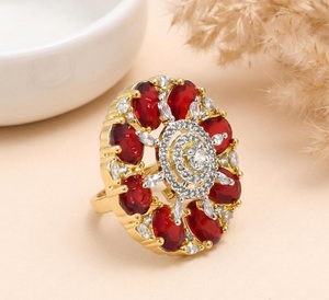 Ruby CZ Kundan Polki <b>Ring</b> Yellow <b>Gold</b> Plated Adjustable Statement Traditional Indian Bridal <b>Cocktail</b> <b>Ring</b> for Women - Product Image 1