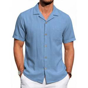 เสื้อเชิ้ตแขนสั้นผู้ชายคอปกคิวบา ผ้าลินินฝรั่งเศส 100% ขายส่งจากโรงงานโดยตรง รับผลิตแบบ OEM พร้อมสกรีนโลโก้แบรนด์ - Product Image 2