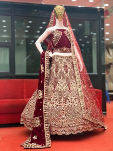 Robe de mariée trapèze longue en velours brodé, sans manches, dos nu, col en V, avec dupatta, taille XL, infroissable, pour femme - Product Image 2