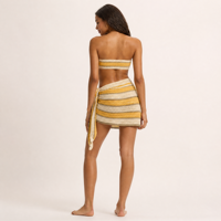 OEM ODM Personnalisé Bikini trois pièces en maille ajourée rayée avec haut bandeau à anneau en O et paréo assorti, Maillot de bain de plage pour femme, Vente en gros