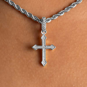 Luxury <b>Iced</b> <b>Out</b> Cross Pendant Necklace | White Gold Cross Pendant with Rope <b>Chain</b> | Hip Hop Religious Jewelry - Product Image 5