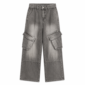 Jean cargo taille haute délavé pour homme, coupe ample, style utilitaire, streetwear automne, couleur unie, tissu en coton - Product Image 5