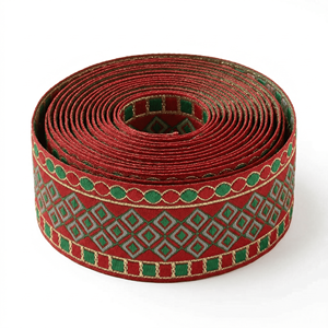 Cinta Jacquard Étnica de 38 mm con Bordado Dorado, Rojo y Verde, Encaje Geométrico Tejido para Prendas, Lazos y Ropa Festiva - Product Image 3