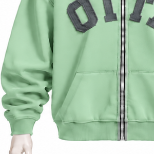 Sweat-shirt à capuche zippé vert menthe pour homme, avec patch lettres en chenille, en molleton épais, coupe oversize, style streetwear, avec poches kangourou - Product Image 6