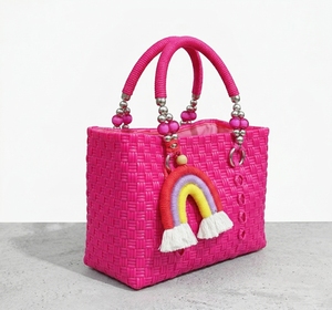 Handmade Hot Pink Woven Plastic <b>Straw</b> Tote <b>Bag</b> Stylish Summer Beach Handbag Women Beaded Handles Rainbow Charms Cute <b>Shopper</b> <b>Bag</b> - Product Image 3