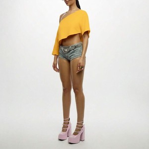 Custom Fashion Women's <b>One</b> Shoulder Asymmetric Crop <b>Top</b> Solid Color Loose Fit Three Quarter Sleeve Polyester Woven Summer Style - Product Image 5