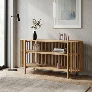 Solid Wood Living Room Cabinets Mid Century Modern Slatted <b>Sideboard</b> Oval <b>Storage</b> Credenza 3 Tier Wooden Display Shelves Unit - Product Image 3
