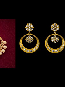 Pendientes Chandbali de oro macizo de 22 quilates, pendientes tradicionales indios con diseño floral en forma de media luna, joyería nupcial hecha a mano para mujer - Product Image 2