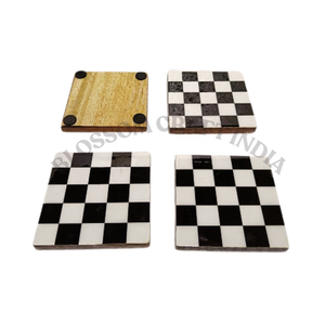 Ensemble de 4 sous-verres élégants et luxueux, écologiques, en bois de manguier poli, résine et marbre, motif d'échiquier élégant, décoration de table - Product Image 1