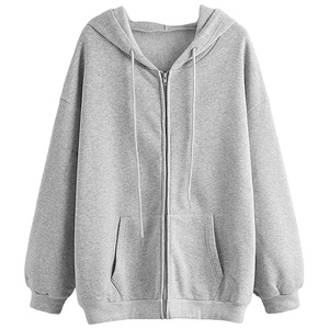 Sudadera con Capucha Extra Grande para Mujer, con Cierre, Color Gris Sólido, Tejido de Algodón, Informal, para Otoño, Largo Regular, Manga Larga - Product Image 1