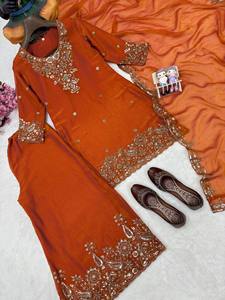 Ensemble Kurti Palazzo brodé marron avec dupatta, costume Salwar pour femme, tenue ethnique pour mariage et fête - Product Image 6