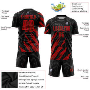 Uniforme de Fútbol Personalizado por Sublimación para Hombre, Conjunto de Camiseta de Fútbol Transpirable de Secado Rápido, Patrón de Remolino Negro y Rojo, Kits 100% Poliéster para Niños - Product Image 3