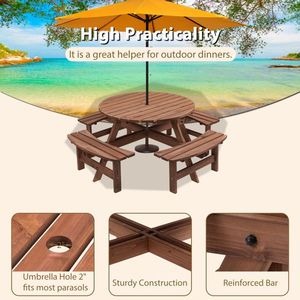 Tavolo da Picnic Circolare in Legno per 8 Persone con 3 Panche Integrate per Patio, Cortile o Giardino - Grigio - Product Image 4