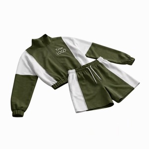 Ensemble de survêtement unisexe pour enfants, color-block, manches longues, col montant, respirant, short à cordon de serrage, coupe classique, pour l'automne - Product Image 4