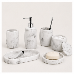 Ensemble d'accessoires de salle de bain de luxe en résine aspect marbre blanc, 6 pièces, décoration de salle de bain d'hôtel, y compris distributeur de savon, porte-brosse à dents - Product Image 2