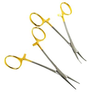 Set 2 Premium Gold Handle Mosquito Forceps 5"-Straight Curved German Stainless Steel Locking Hemostat <b>Clamps</b> CE Certified - Product Image 2