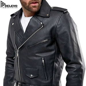 Veste de motard en cuir véritable noir pour homme, veste moto classique à fermeture éclair avec ceinture à la taille, poches zippées et épaulettes - Product Image 3