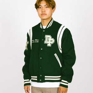 SINEWY SPORTS Men's Varsity Jacket Green 100% Cotton Wool Blend Embroidered Tiger Patch <b>Covered</b> <b>Button</b> Front Preppy Style Winter - Product Image 2