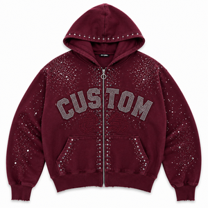 Sudadera con capucha para hombre, personalizada con pedrería, con cremallera completa, holgada, de felpa francesa, 480GSM, algodón, corte cuadrado, estilo urbano, adornada, a la moda - Product Image 2