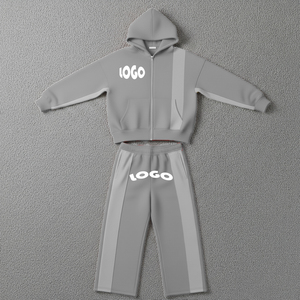 Custom 100% Cotton French Terry Embroidery Side Stripe Boxy <b>Cropped</b> <b>Zip</b> <b>up</b> Hoodie and Jogger Set Tracksuit Sweatsuit for Men - Product Image 2