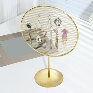 Gold Round Metal Jewelry Stand With Mesh Display For Earrings Home Decor Bedroom Use Modern Design Durable Base - Product Image 1