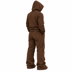 Unisex <b>Brown</b> Full Zip Hooded Tracksuit <b>Set</b> Solid Color Casual Sweatpants With Side Pockets Autumn Wear Regular Fit - Product Image 5