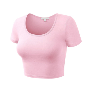Haut court tricoté rose pour femme, col rond, manches courtes, en coton élasthanne, coupe ajustée, couleur unie, décontracté, respirant, printemps-été - Product Image 2