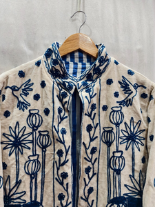 <b>Womens</b> Knitted Cotton Quilted <b>Jacket</b> Mandarin Collar Blue Animal Floral <b>Embroidered</b> Long Sleeve Eco-Friendly Quick Dry Thick - Product Image 3