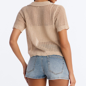 Hot Sale Mesh <b>Cardigan</b> Women's Beige Hand Knitted <b>Short</b> <b>Sleeve</b> <b>Cardigan</b> With Turn-down Collar Button Closure Casual Summer Top - Product Image 2