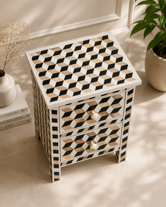 Mesita de Noche Artesanal con Incrustaciones de Hueso, 2 Cajones, Mesa Auxiliar Geométrica con Detalles de Perlas para Dormitorio - Product Image 4